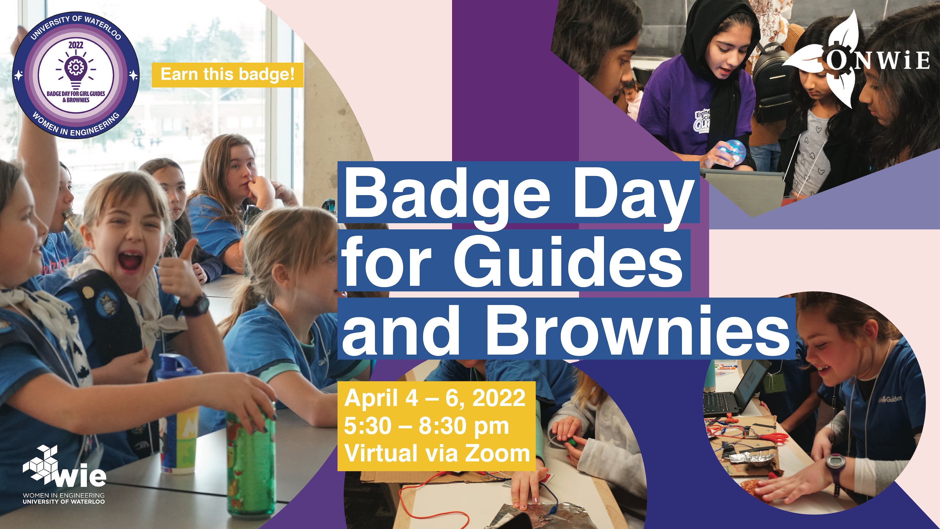 poster mentioning badge day for guides and brownies happening virtually on zoom on April 4th,5th and 6th 2022