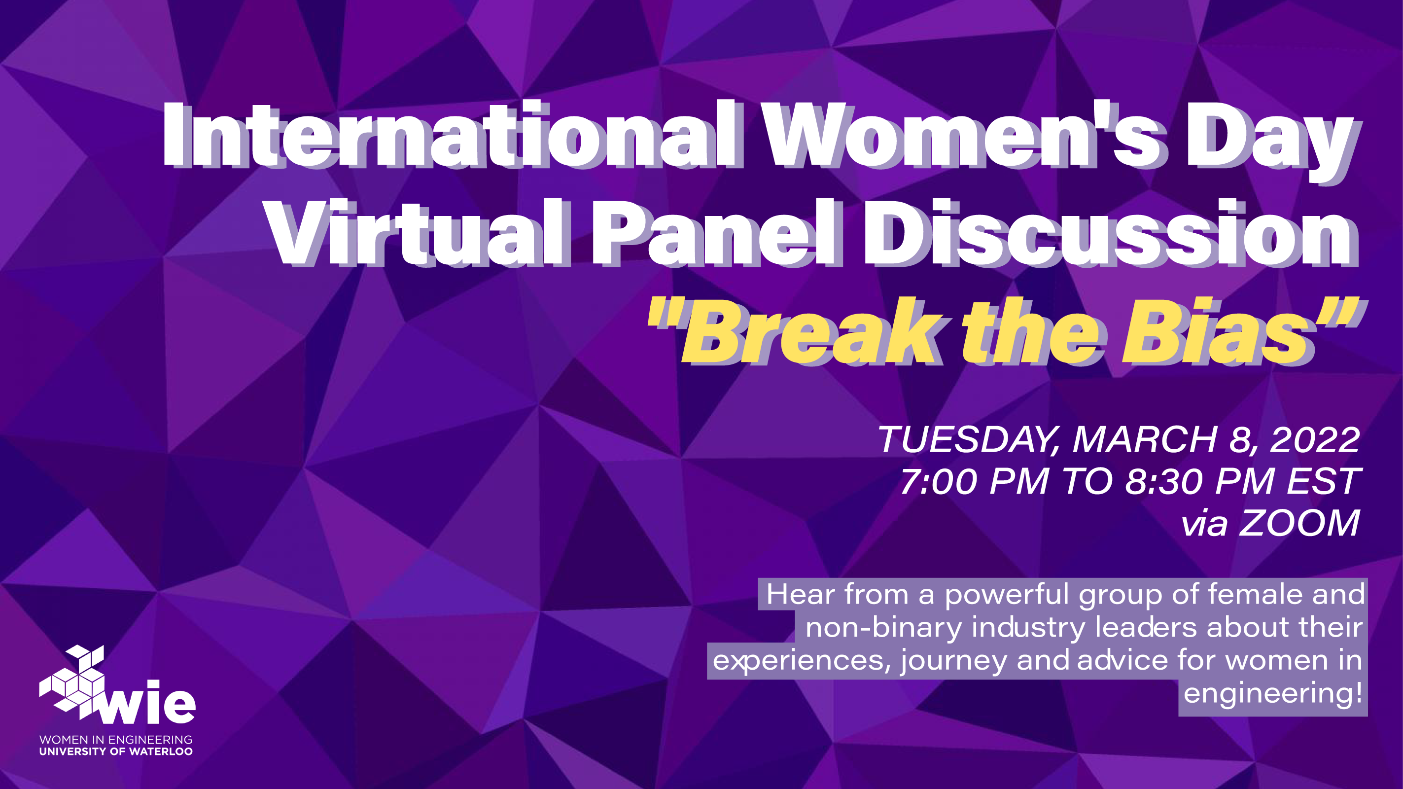 poster with information regarding International Women's Day panel discussion on March 8th from 7:00-8:30 PM via Zoom