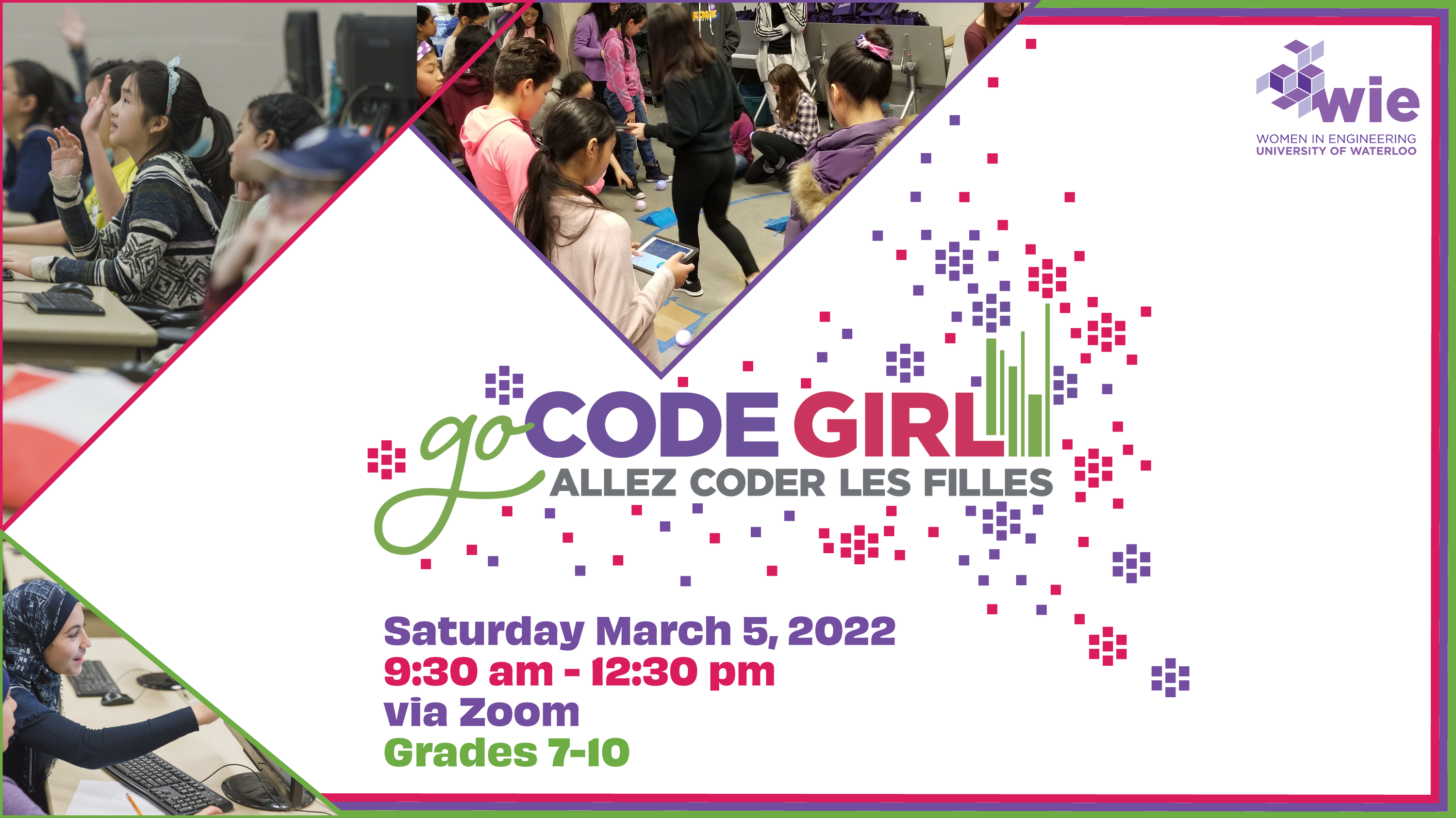 Poster mentioning Go CODE Girl Event happening on saturday, march 5th from 9:30 AM-12:30 PM Via zoom
