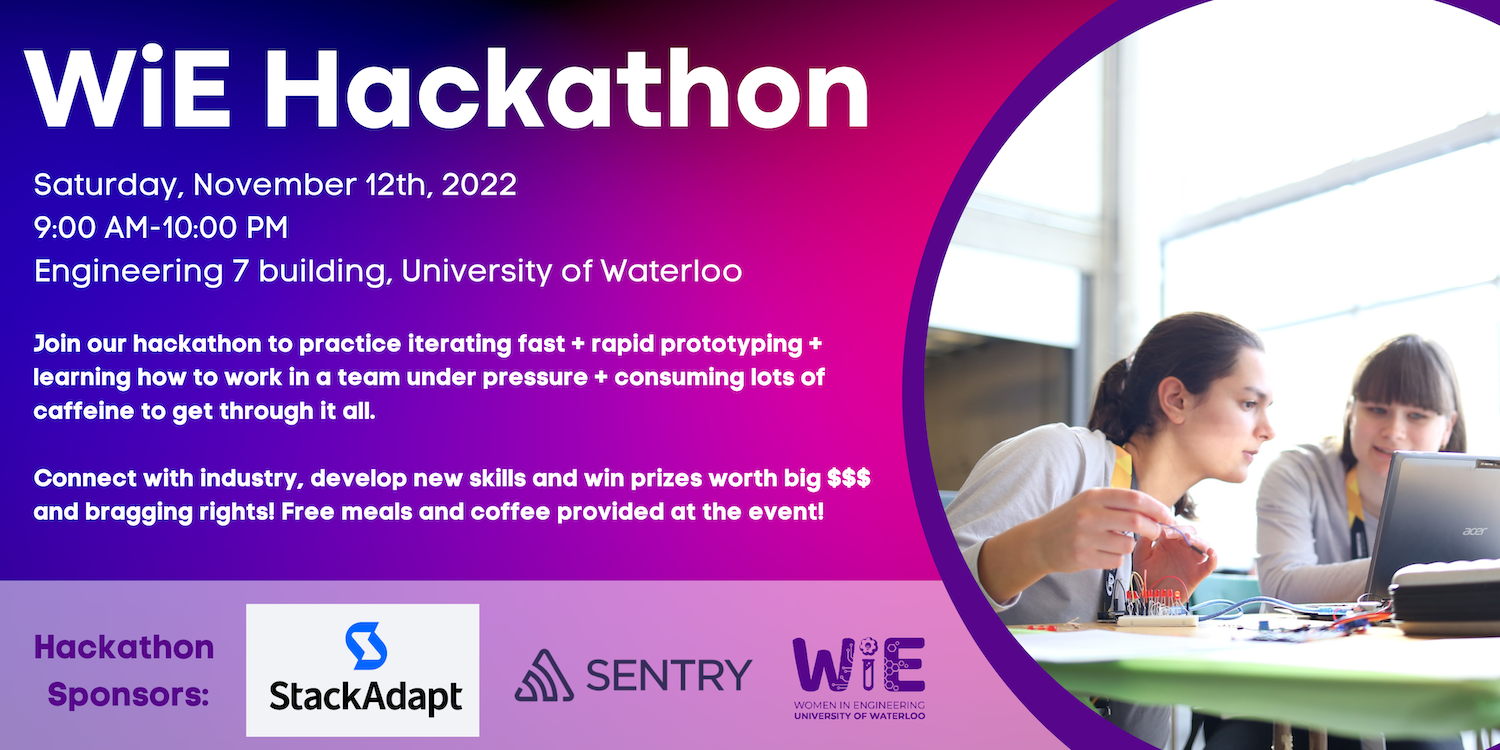 Banner providing WiE Hackathon info on dates, location, time, an image of two students working on a laptop