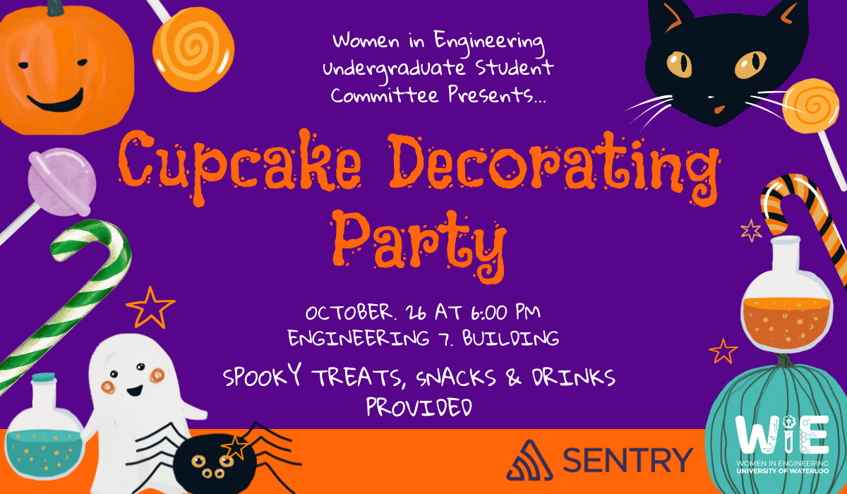 banner including halloween illustrations for a wie cupcake decor party on october 26th