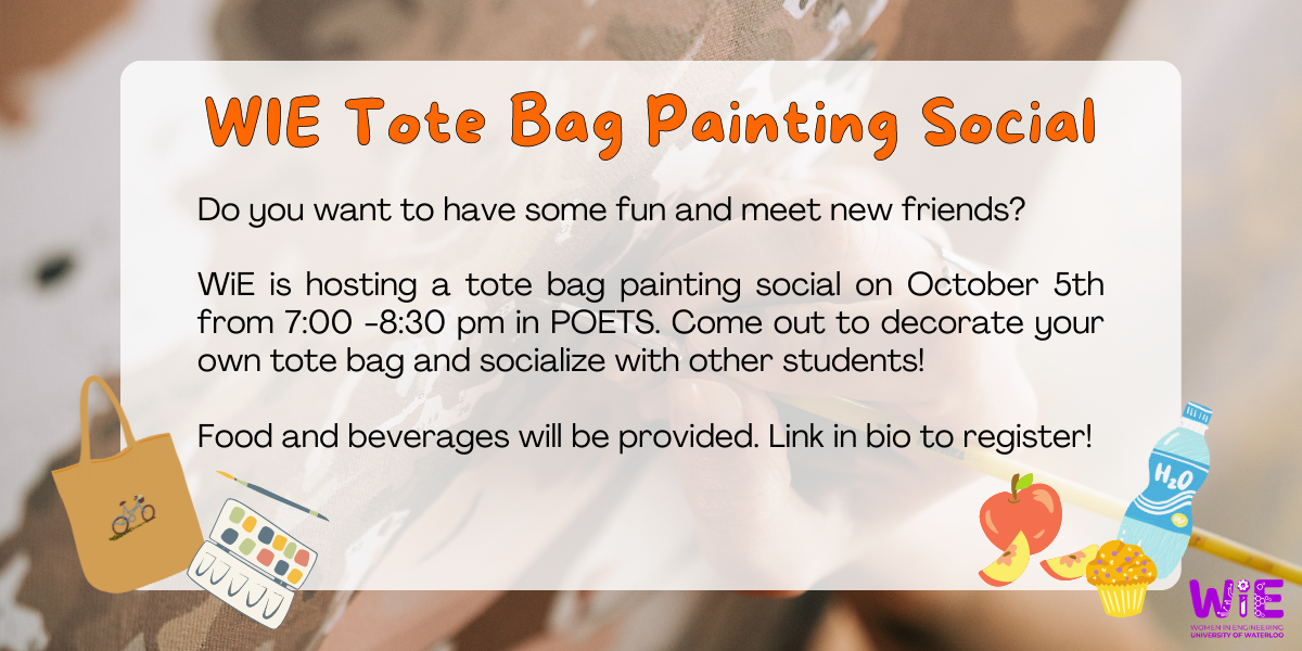 WiE Tote bag painting social with info on event, time, location and some pictures of food, paints, bags
