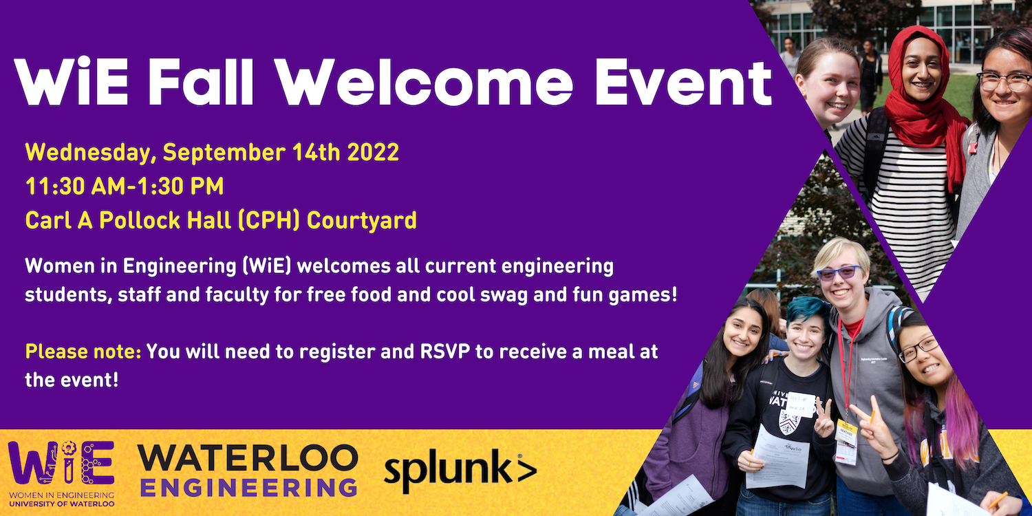 WiE Fall welcome event includes two images of groups of women smiling, and event information including date,time, location