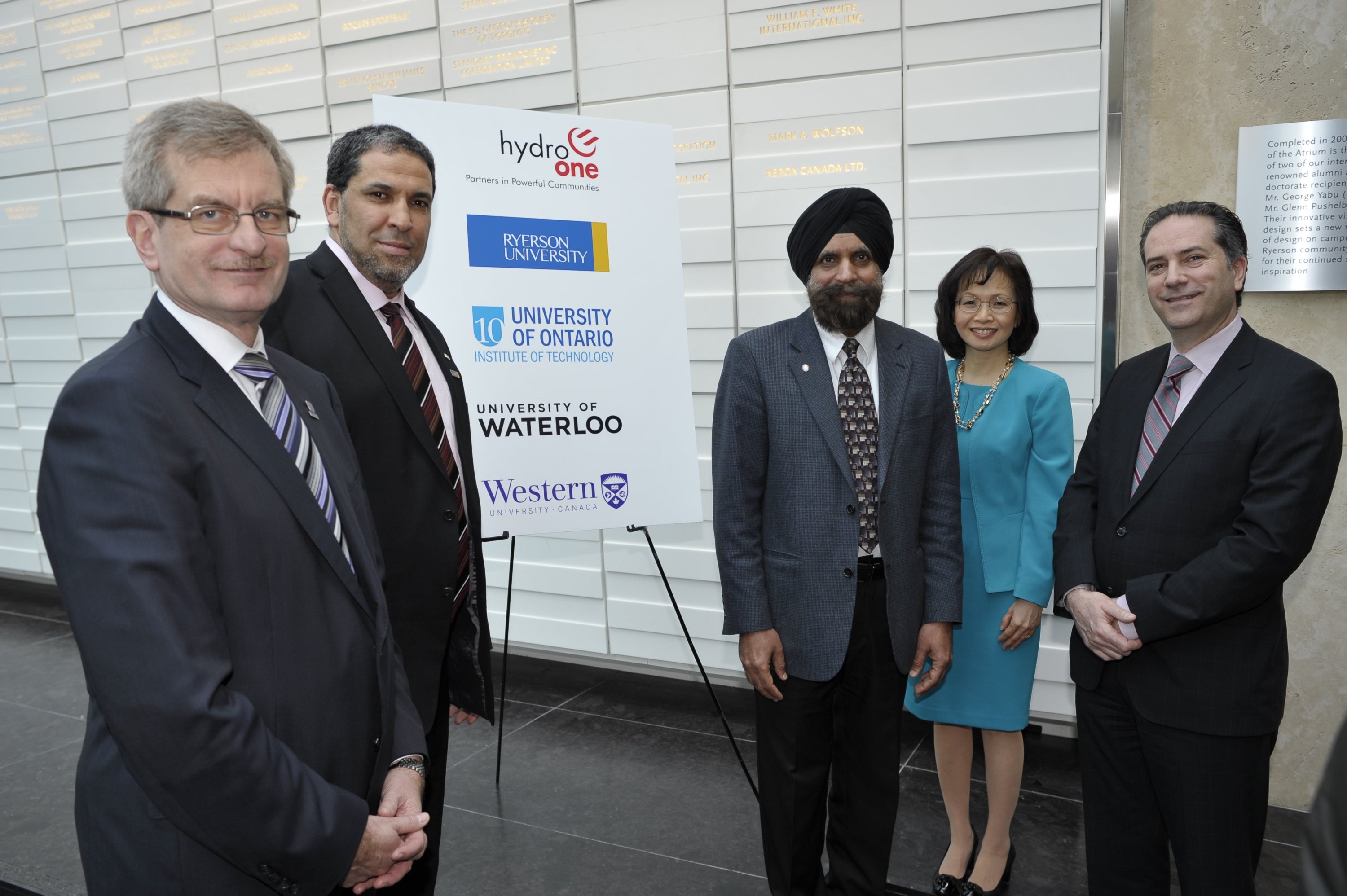 Pictured L-R: Andrew Hrymak, Dean of Engineering, Western University; Dr. Mohamed Lachemi, Dean of Engineering & Architectural Science, Ryerson University; Dr. Tarlochan Sidhu, Dean of Engineering, University of Ontario Institute of Technology; Pearl Sullivan, University Partnership Representative & Dean of Engineering, University of Waterloo; Carmine Marcello, President & CEO, Hydro One.