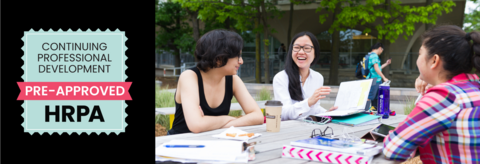 Three female students studying outside on campus