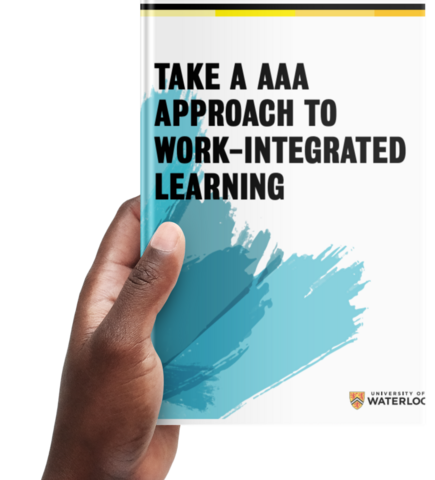 hand holding up research book with title Take A AAA approach to work-integrated learning