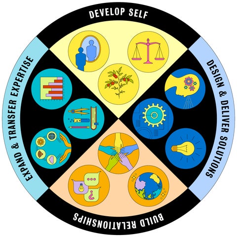 FRTF "develop self", "design, deliver solutions", "build relationships", and "expand & transfer expertise" circle