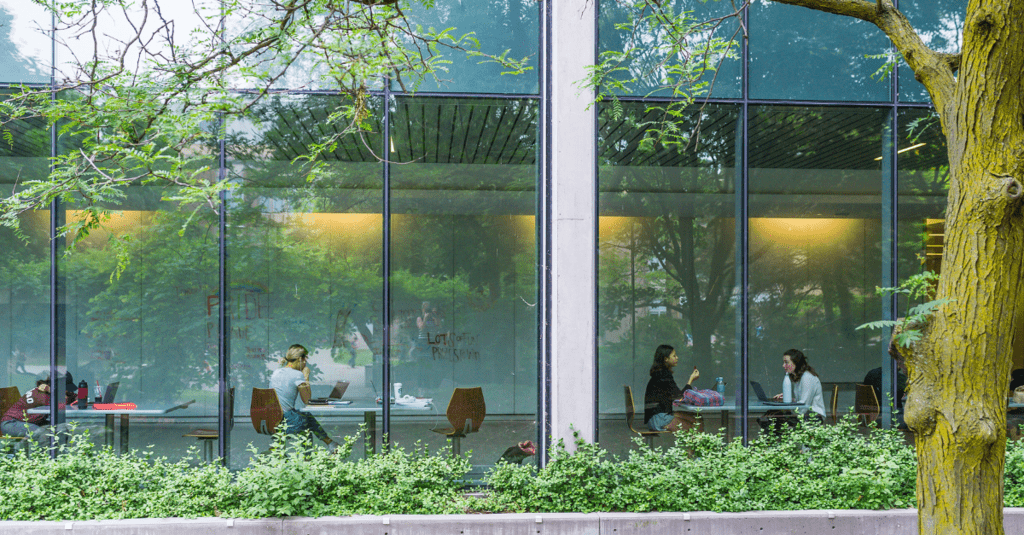 A view of students studying in QNC building on campus