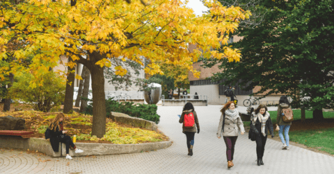 Students walking on campus during the fall