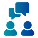 two figures with speech bubbles consulting 