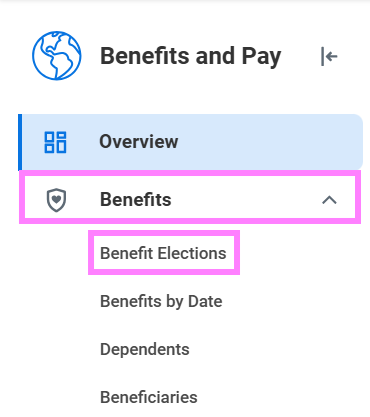 A screenshot of selecting the benefit elections tab