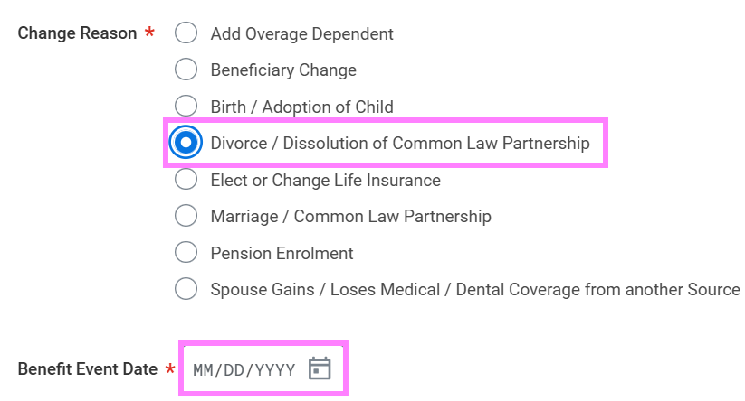 screenshot of divorce button for benefit change