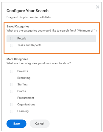 Screenshot of Configure Search screen with Saved Categories section highlighted