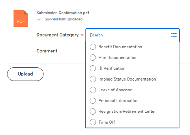 Image of document selection drop down list on Workday.