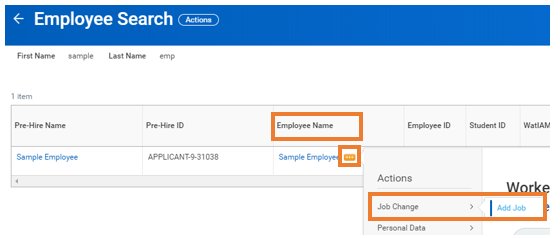 Screenshot of employee search results displaying an active employee