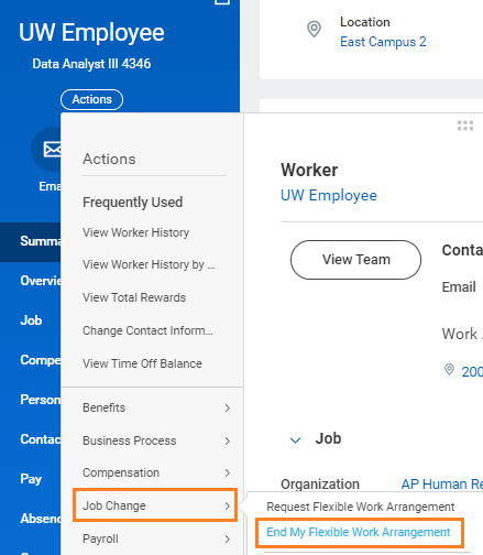 Screenshot of worker profile with job change and end work from home arrangement options highlighted