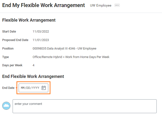 Screenshot of end work from home arrangement with end date field highlighted