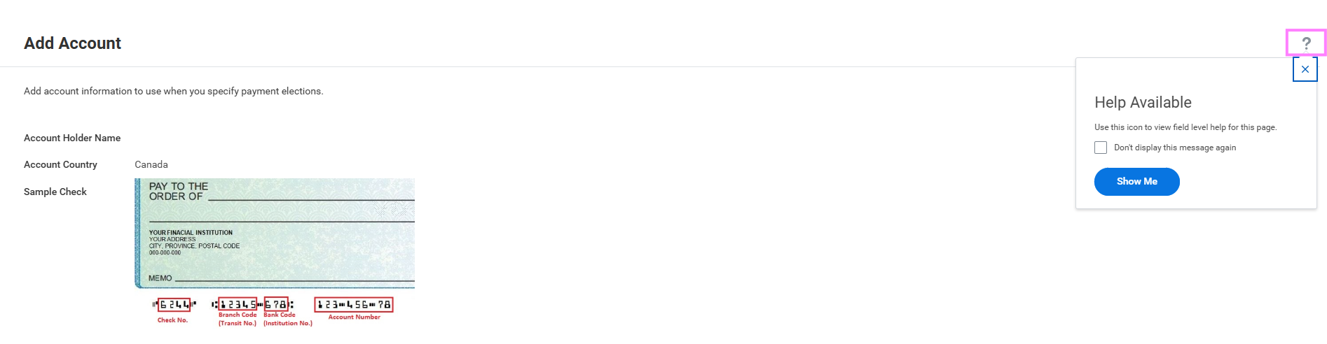 help button for adding an account
