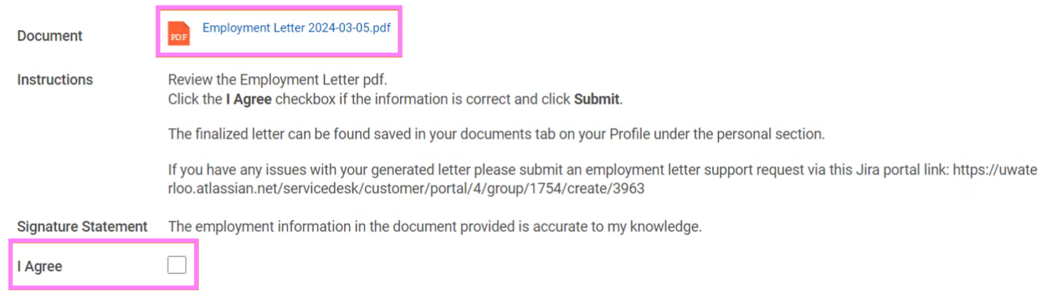 screenshot of employment letter agreement
