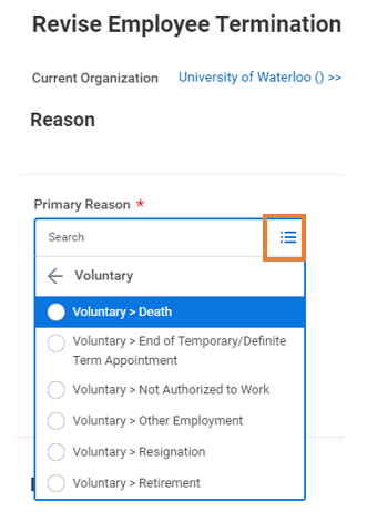 Screenshot of primary reasons