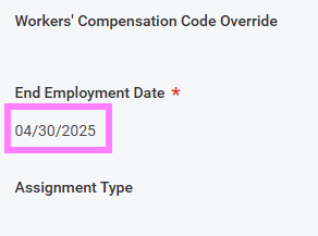 Screenshot of job change screen with end employment date field highlighted