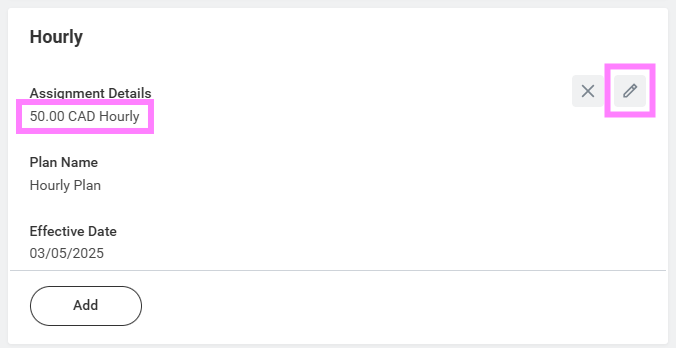 Screenshot of hourly rate section of job change screen