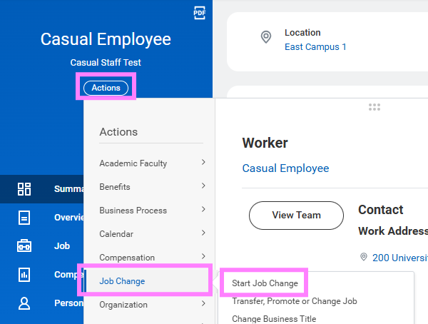 Screenshot of job change screen initiation