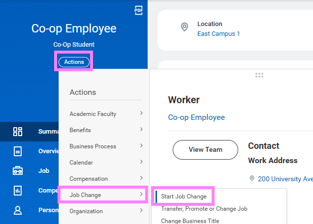 Screenshot of job change screen initiation