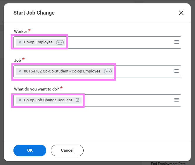 Screenshot of start job change screen with Worker, Job and What do you want to do highlighted