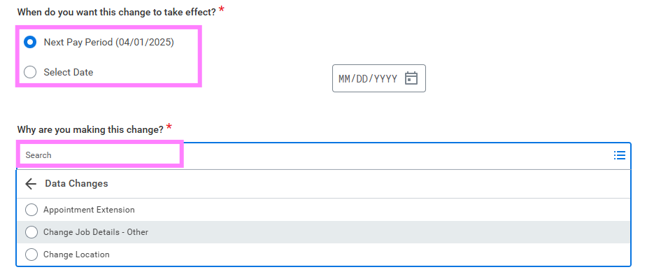 Screenshot of job change screen with effective details highlighted
