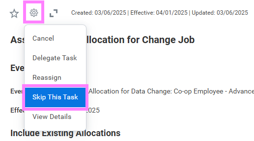 Screenshot of job change screen cost allocation skip