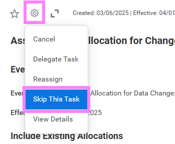 Screenshot of change cost allocation skip