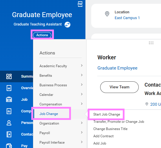 Screenshot of job change screen initiation