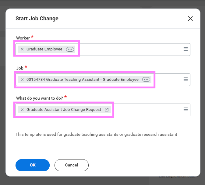 Screenshot of start job change screen with Worker, Job and What do you want to do highlighted