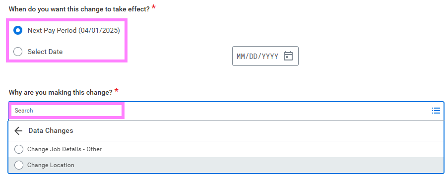 Screenshot of job change screen with start details highlighted
