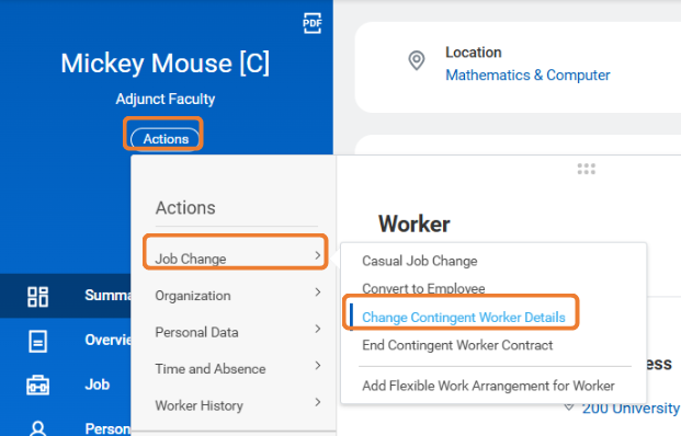 Action --> Job Change --> Change Contingent Worker Steps