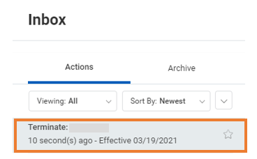Screenshot of termination inbox task