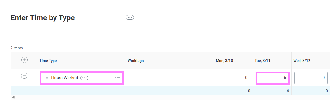 screenshot of where to enter hours worked