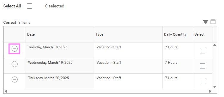 remove vacation day button highlighted