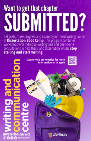 Purple dissertation boot camp poster; text reads "Want to get that chapter submitted?"