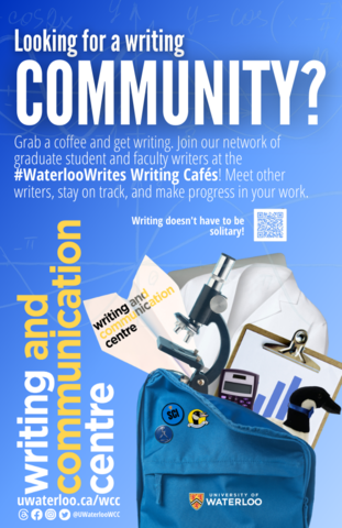 Blue Grad Writing Cafés poster; text says "Looking for a writing community?"