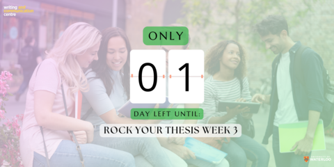 One day left until Rock Your Thesis Week 3!     This workshop is best suited for Master’s and PhD students who have written at least part of their thesis or dissertation draft. Please bring a laptop, digital copy of your work-in-progress, and a printed copy of at least 10 pages of your thesis or dissertation!