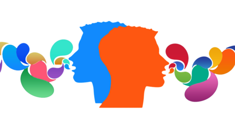 Picture of two heads facing opposite directions with colors coming out of their mouths to symbolize communication and ideas.