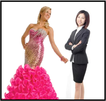 woman in puffy prom dress standing beside woman in business suit