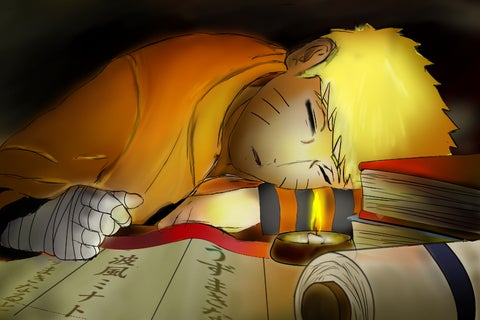 Naruto sleeping with his head on a table