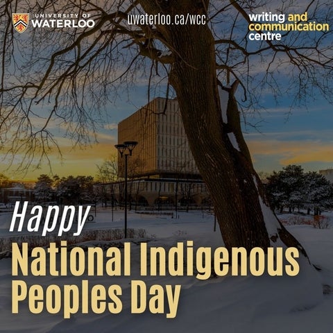 Dana Porter Library at sunset. Yellow text reads "Happy National Indigenous People's Day" 