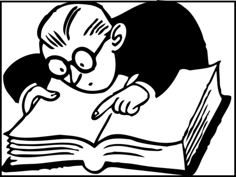 Cartoon man studying a word in a large book