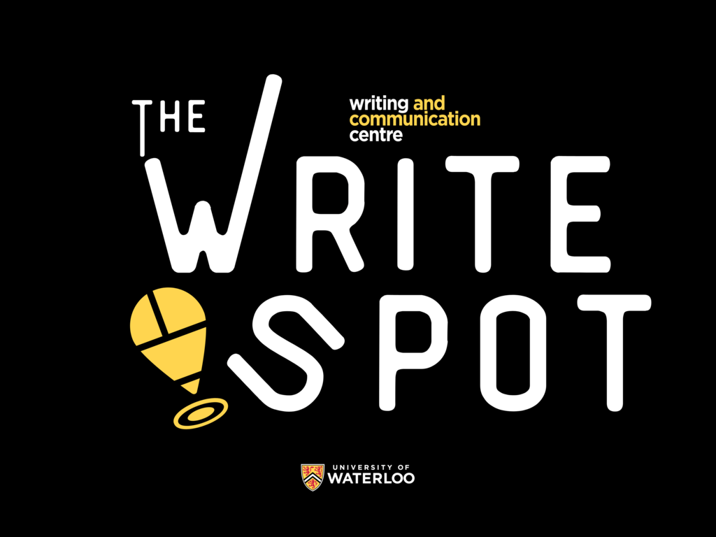 White writing on a black background says The Write Spot. There is a yellow location marker designed to look like a pencil below the words, and the WCC logo above the words.
