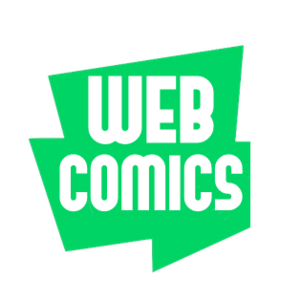 Green angular speech bubble with the word webcomics in it