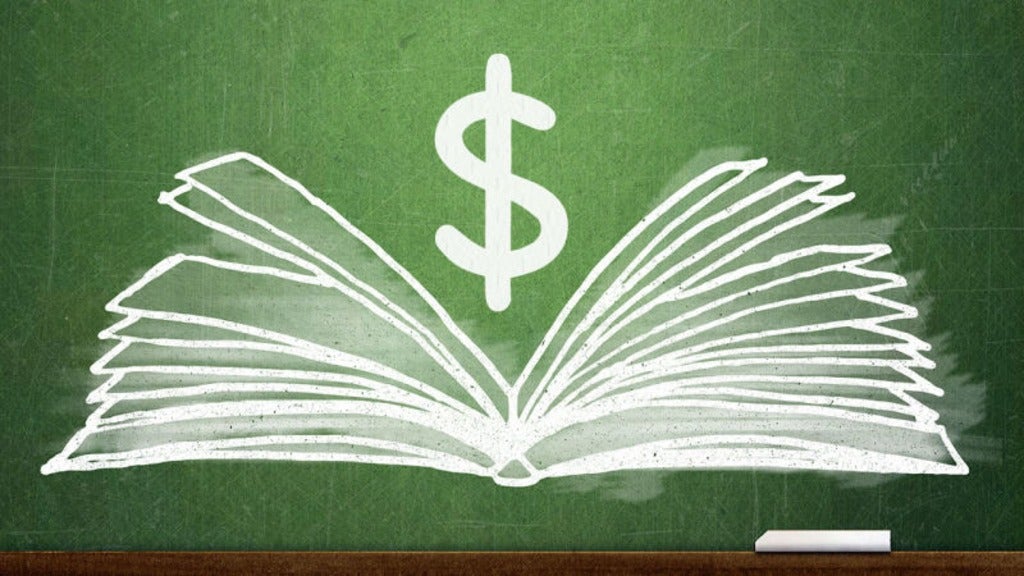 Chalkboard drawing of a textbook with a dollar sign over it
